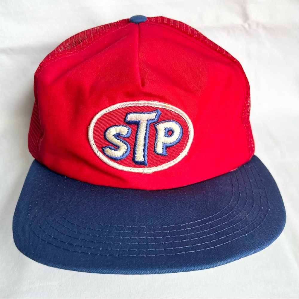 Vintage 80s STP Oil Patch Red Blue Mesh Snapback Trucker Hat M&B USA Made